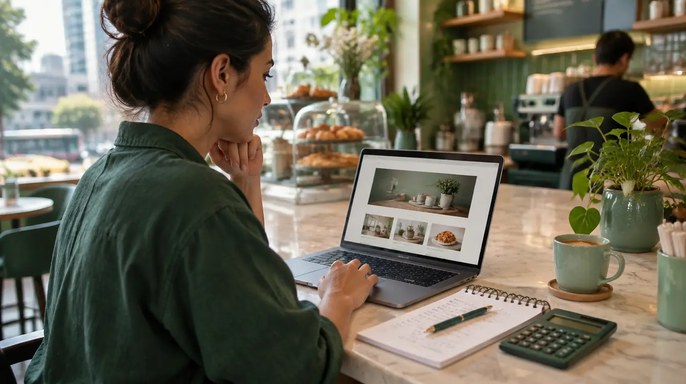 Dona de negócio pesquisando preços de site no notebook