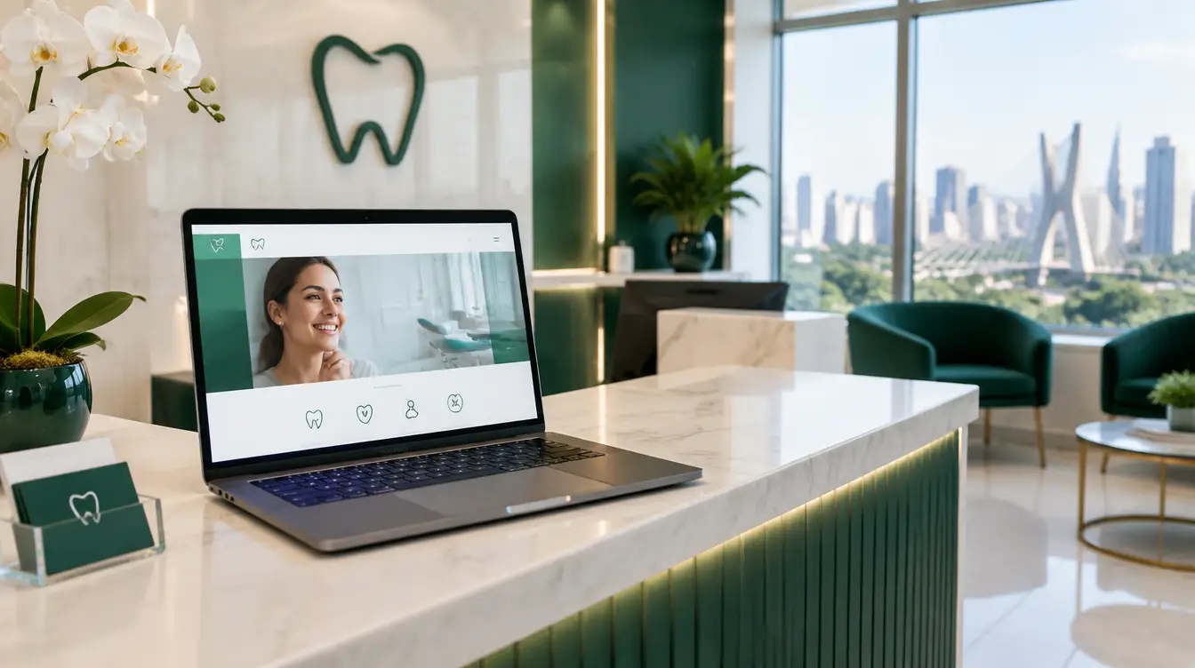 Recepção de clínica odontológica com site no notebook