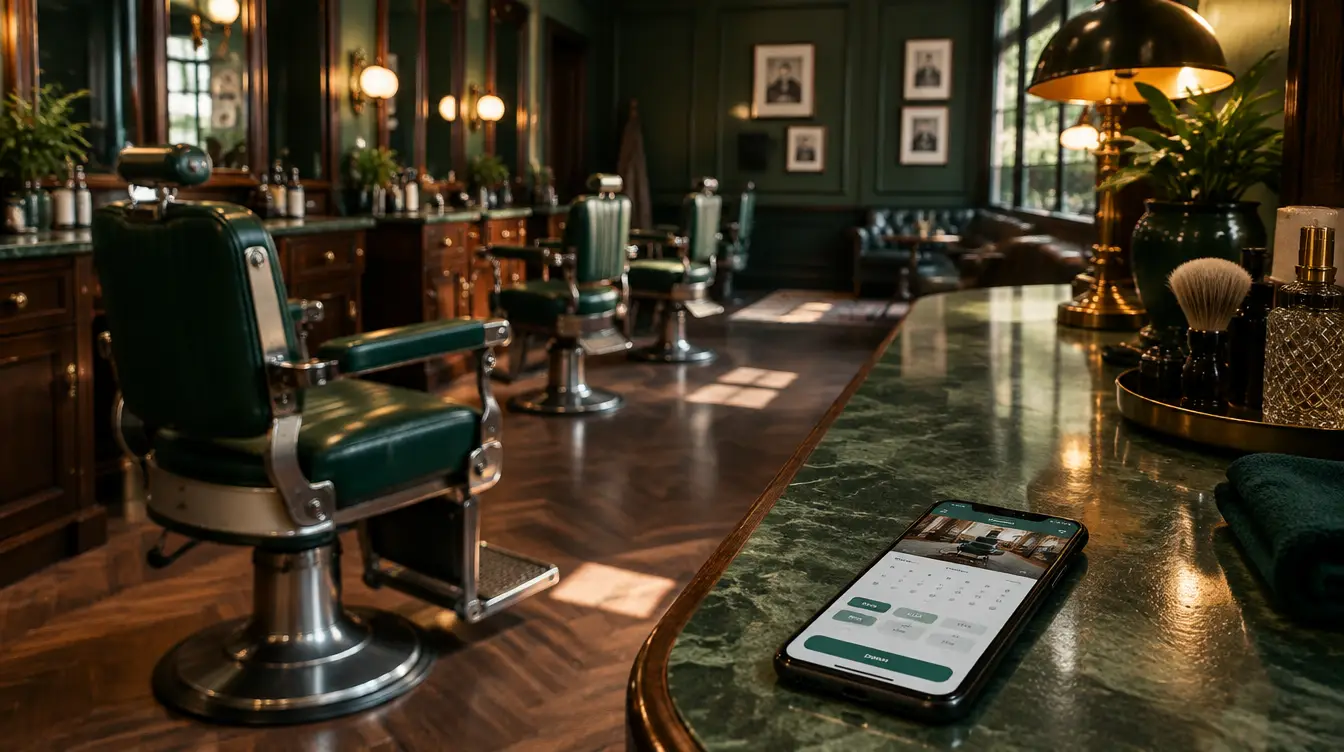 Interior de barbearia com site de agendamento no celular