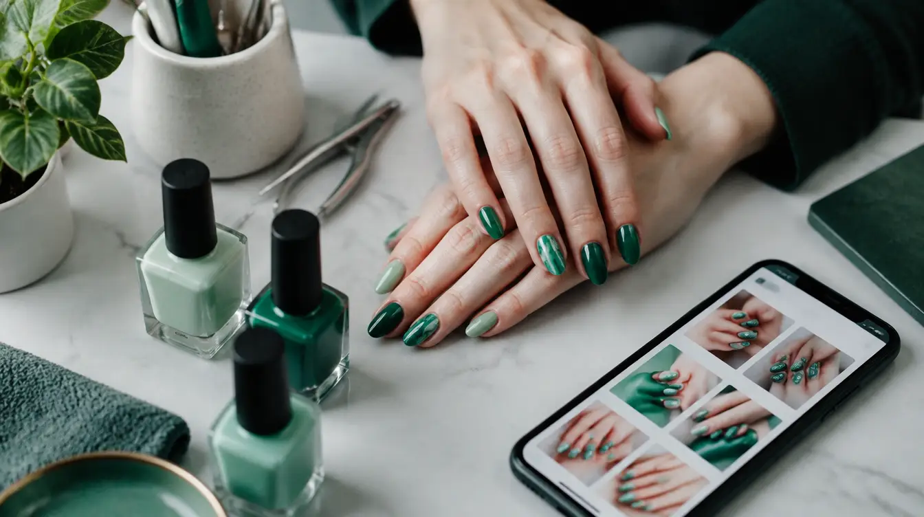 Mãos de nail designer e portfólio de unhas no celular