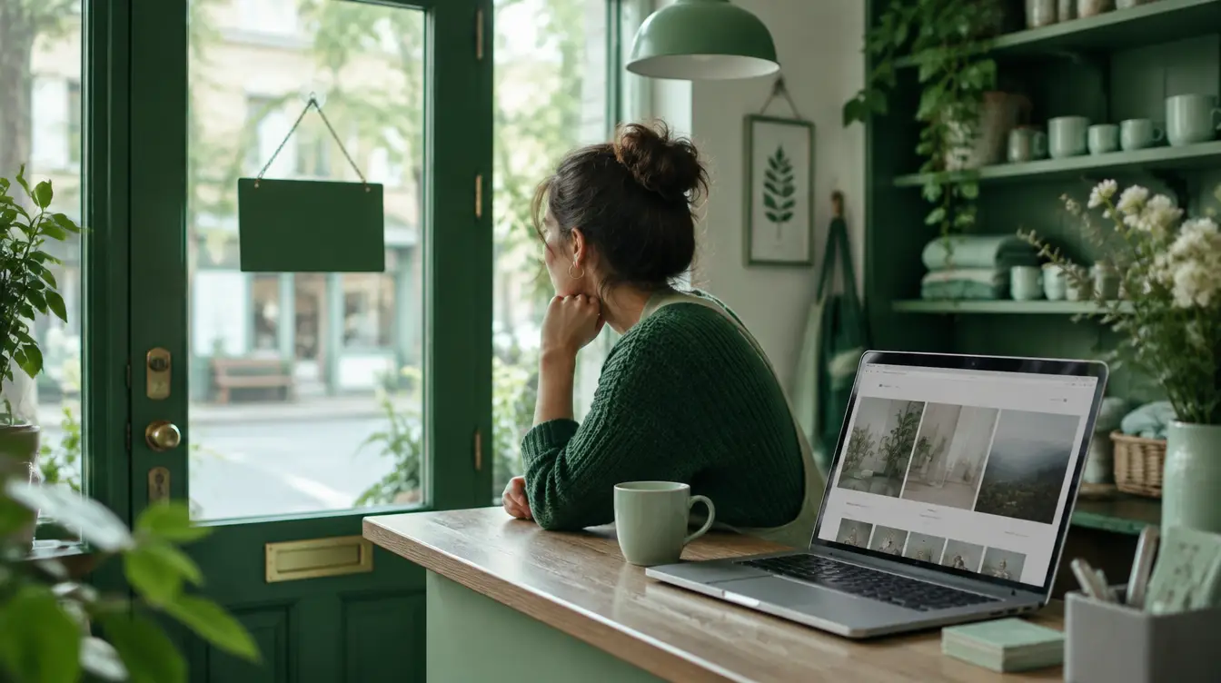 Empreendedora pensativa em frente ao notebook na loja