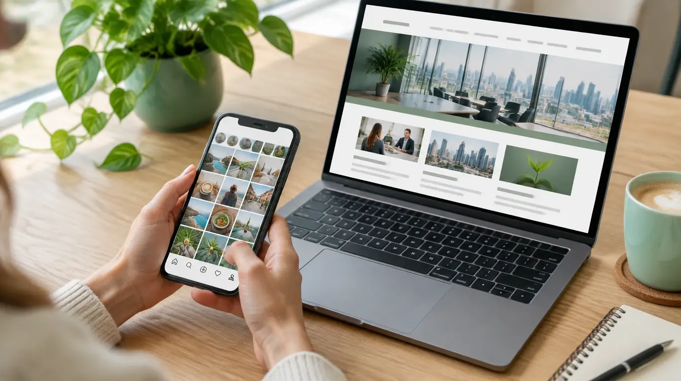 Celular com Instagram ao lado de notebook com site profissional