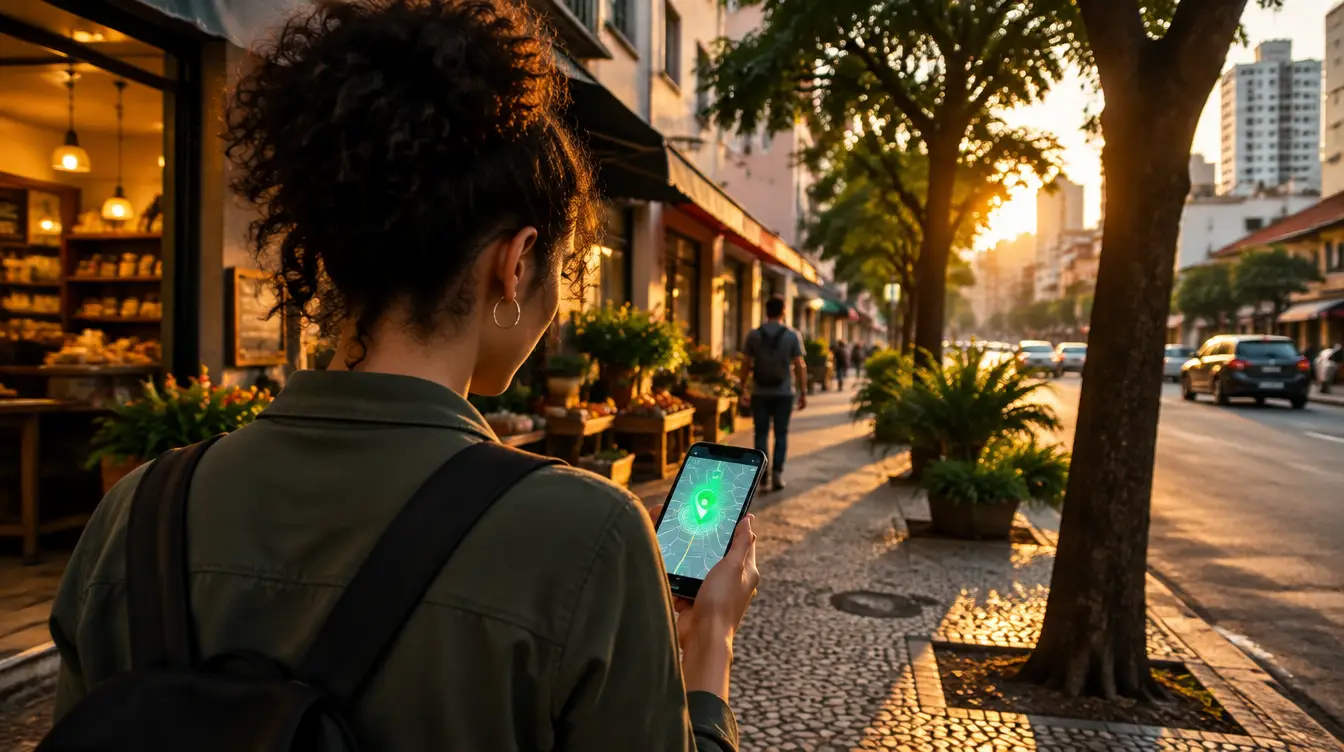 Pessoa no bairro usando mapa no celular para encontrar um negócio
