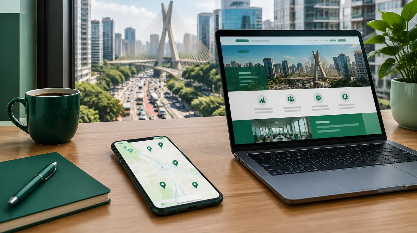 Celular com mapa e notebook com site de empresa