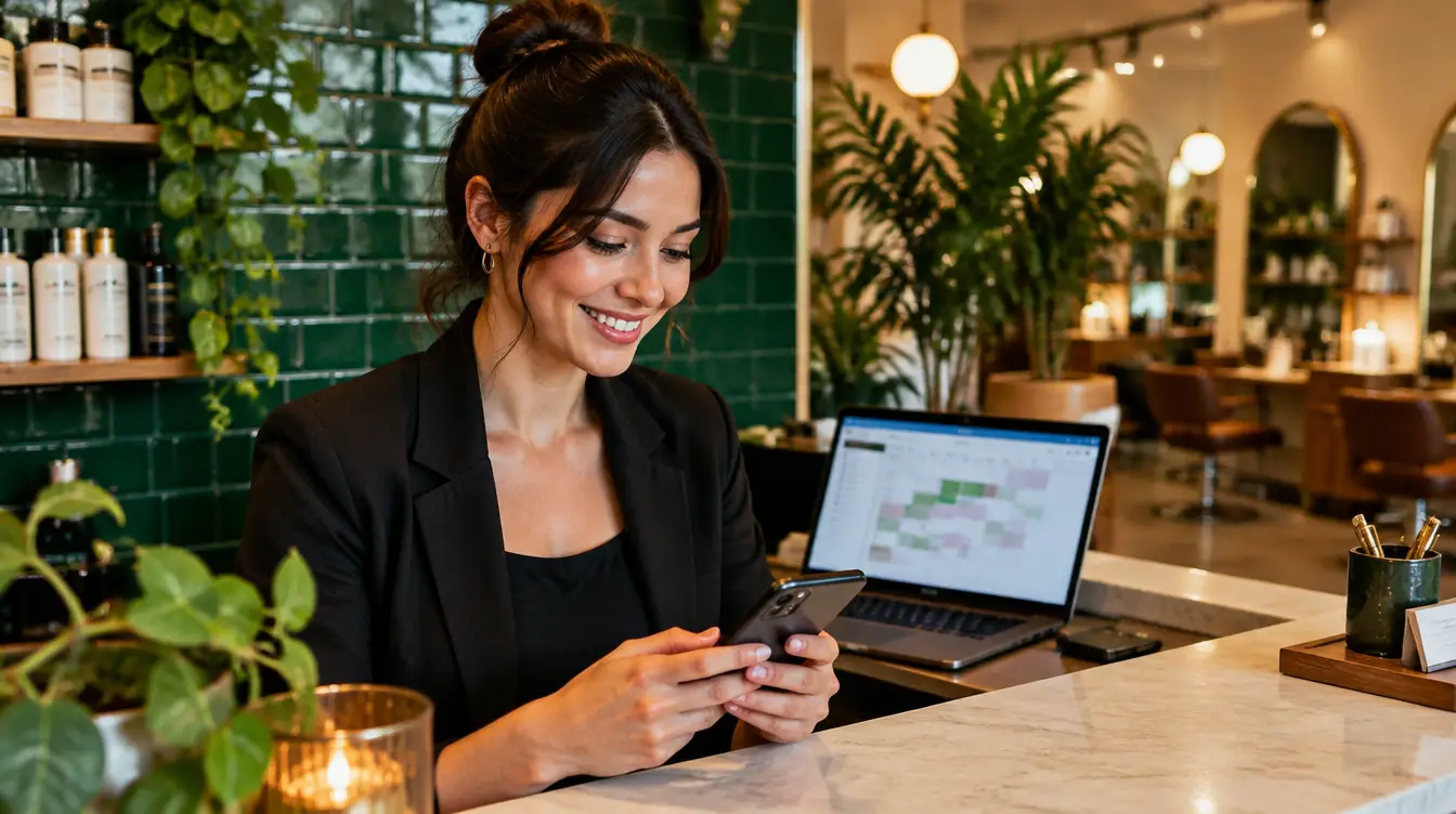 Recepcionista de salão confirmando agendamento pelo celular