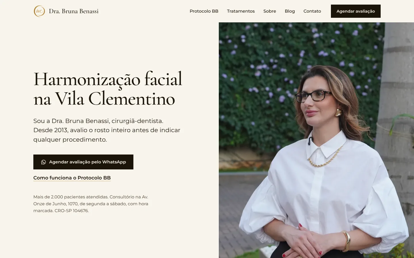 Página inicial do site da Dra. Bruna Benassi, harmonização facial na Vila Clementino
